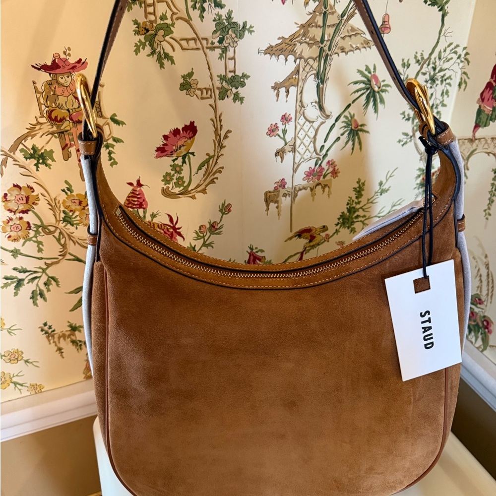 STAUD Pine Hobo Caramel Suede Shoulder Bag